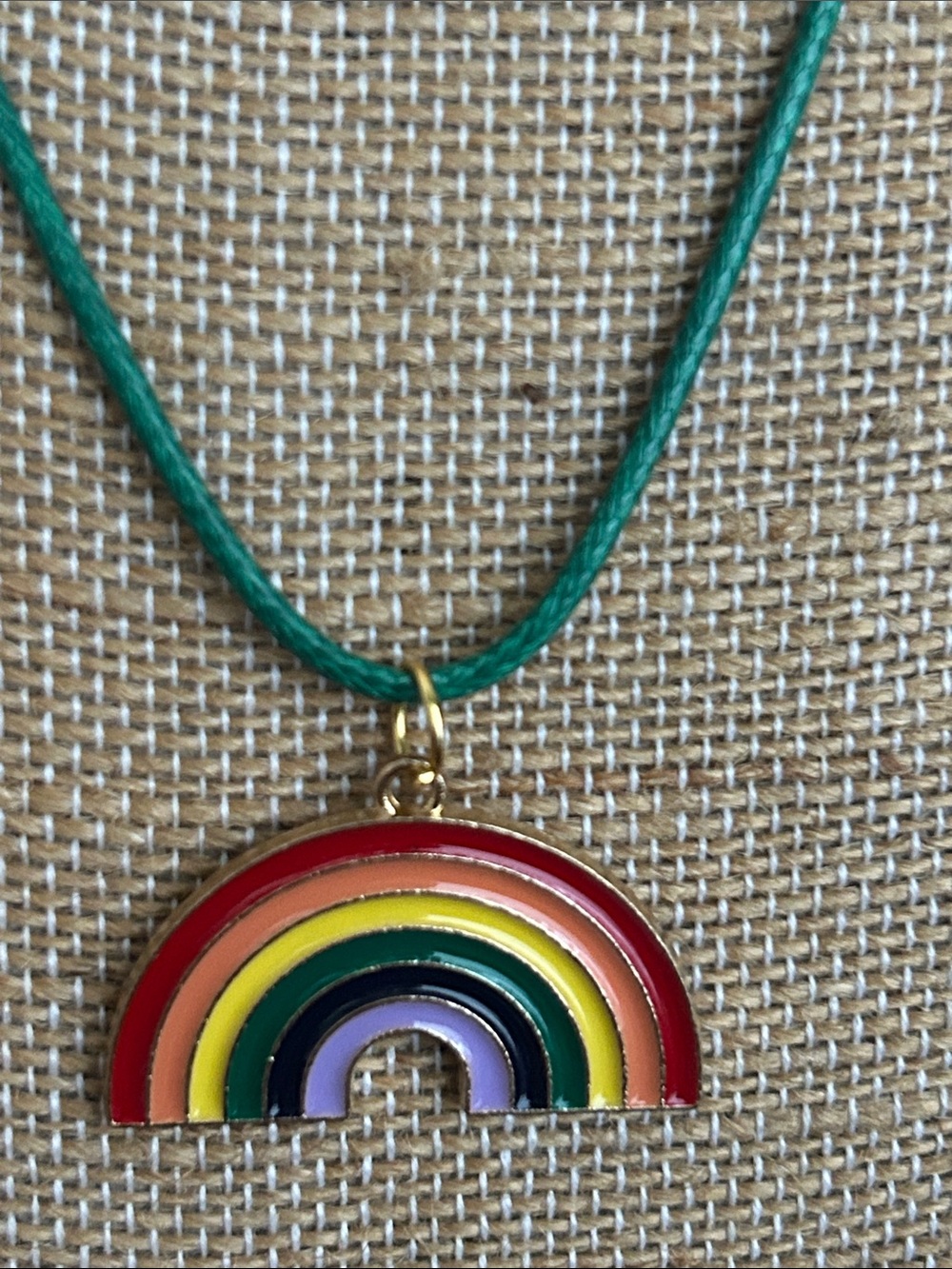 Rainbow Enamel Pendant Necklace on Green Cord - Picture 3 of 3